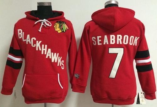 Chicago Blackhawks #7 Brent Seabrook Red Women's Old Time Heidi NHL Hoodie - Click Image to Close